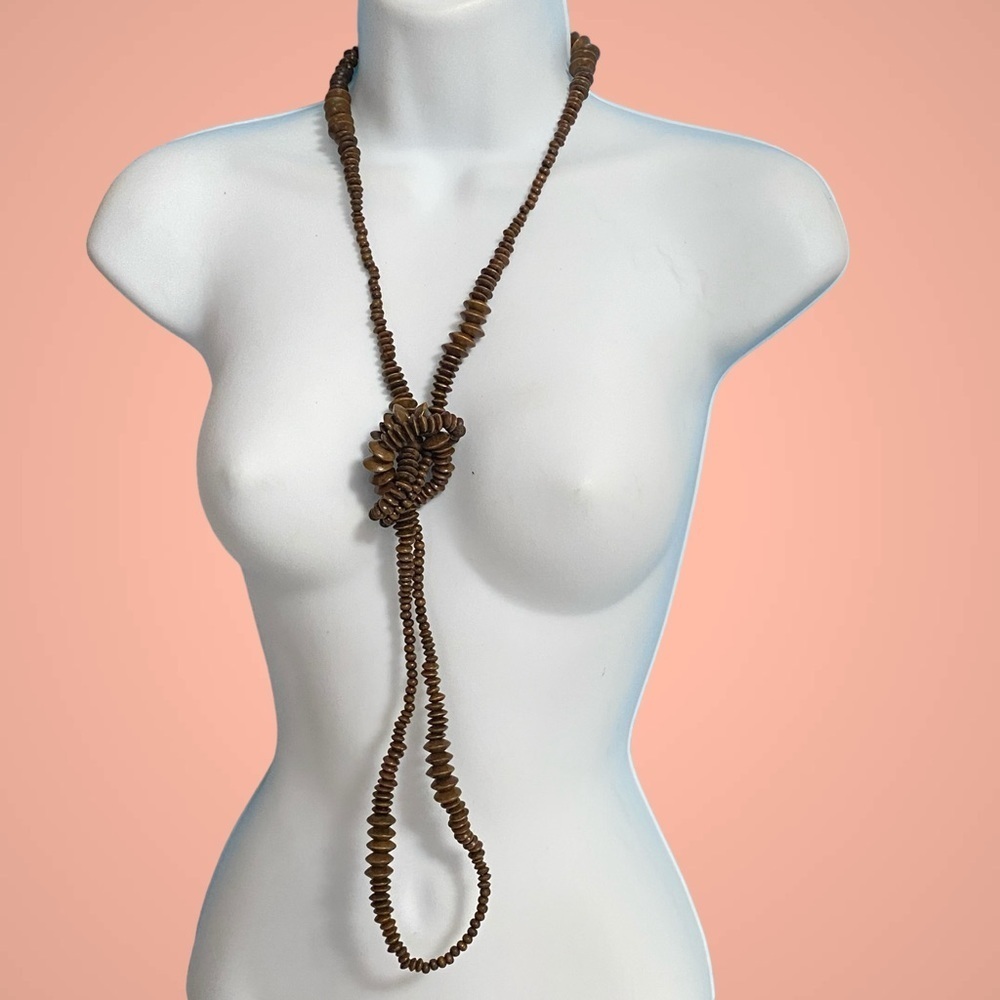 Dark Brown Wood Beads Long Necklace Over-The-Head Style Boho Necklace